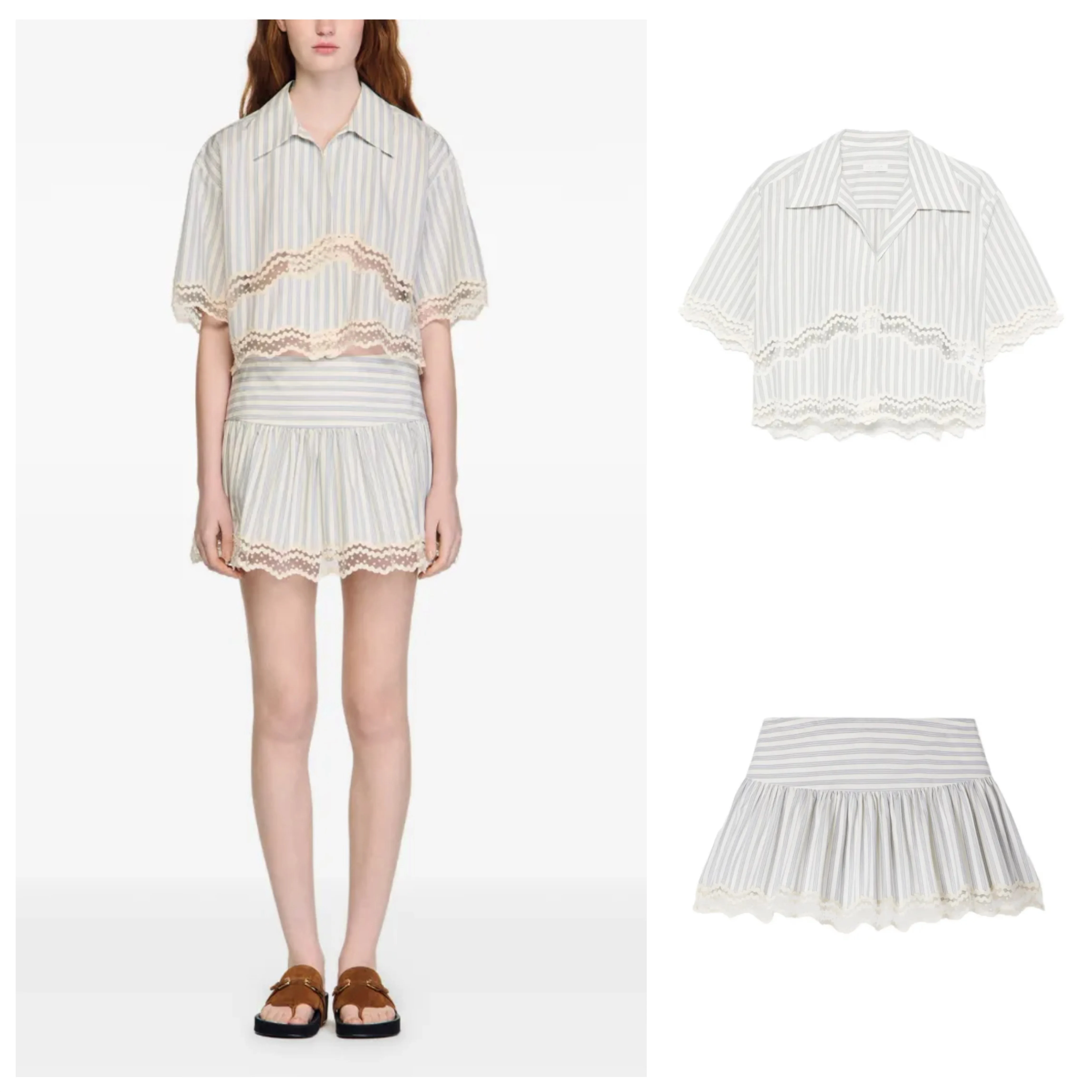 

French S Stripes Lace Patchwork Short Shirt Skirt Pants Cotton Breathable Short Sleeve Women's Summer Fashion Casual Blouse