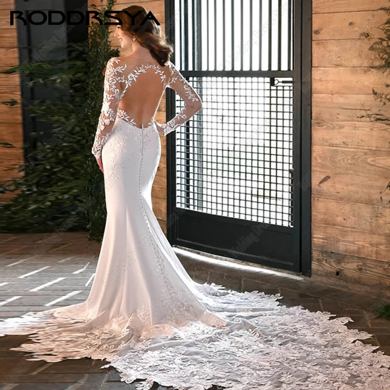 Roddrsya o-neck apliques sereia vestidos de casamento para nupcial mangas compridas cetim macio tribunal trem vestidos noiva mariage