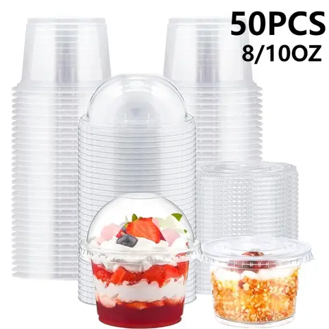 50PCS Disposable Plastic Cups Transparent Dessert Cups Bowls with Dome/Flat Lids Fruit Juice Coffee Ice Cream Cake Container
