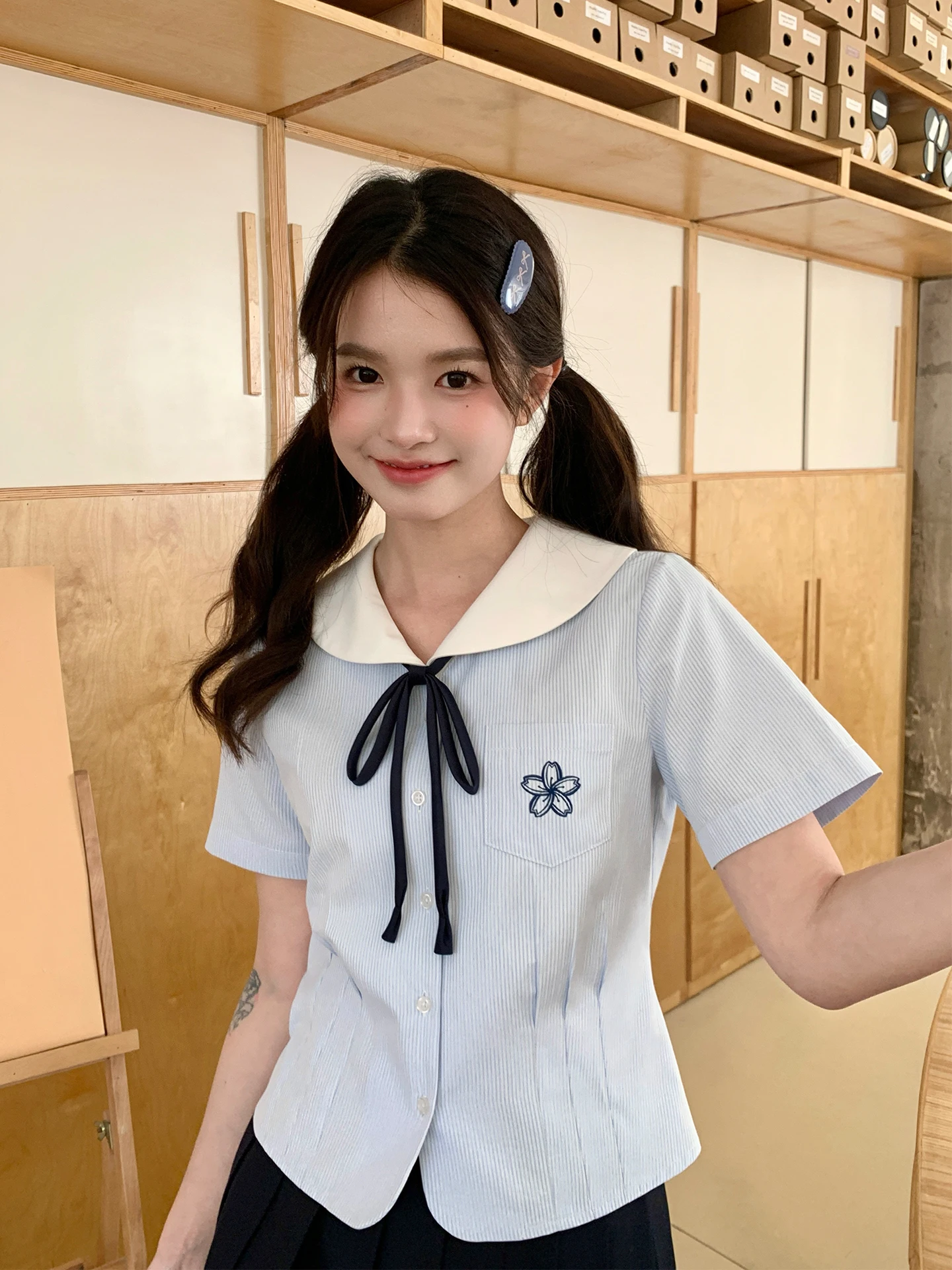 

Tokyo Annual Record JK orm Summer Blue Stripes ort Sve irt Women's Cute Doll Collar Top Polyester Cotton Blend