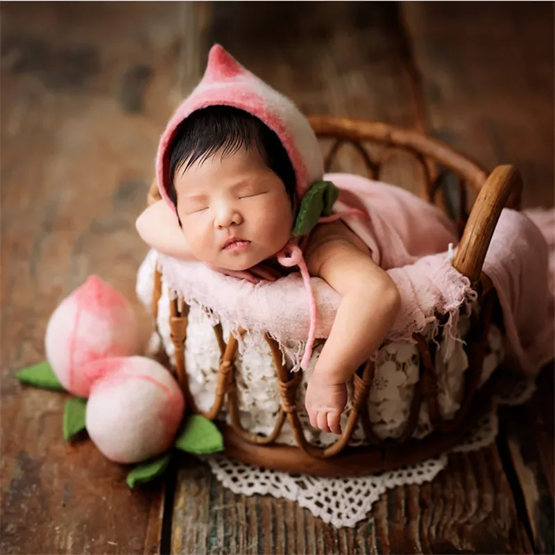 Pasgeboren Fotostoel Vintage Nostalgie Rotan Ronde Mand Poseren Hand-Geweven Rotan Baby Wieg Fotografie Benodigdheden