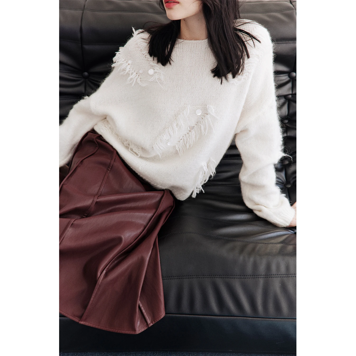 

Rosebanks Fringed Knit Sweater Hand Sewn Sequins Mohair Lazy Tassel Women's Loose Fit Soft Wool Blend Long Sve Winter Sweater