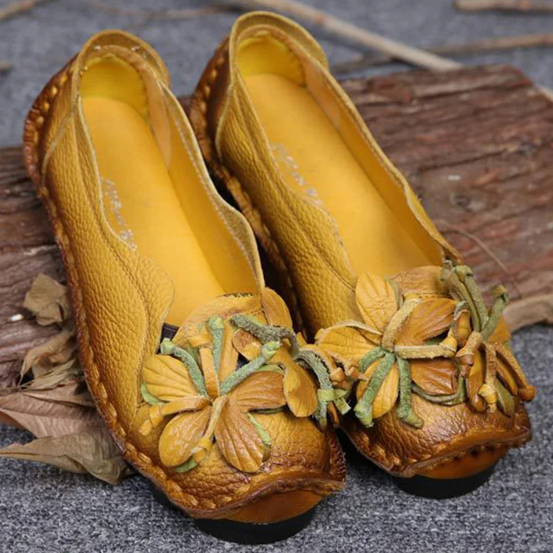 

New Crushed Handmade Shoes Women's Crushed Flower Soft Sole Loafers Folk Style Moccasins Women's Leather Shoes