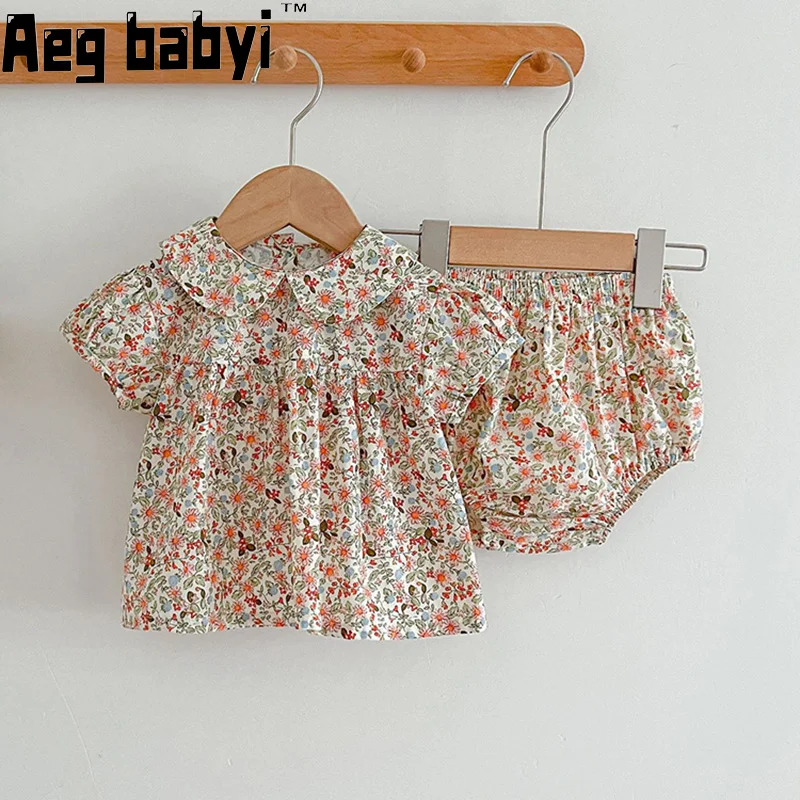 Summer Baby Clothing Set Doll Collar Floral Tops+ Bread Shorts 2Pcs Boy Girl Clothes Suit Fashion Toddler Infant Clothing 0-24M