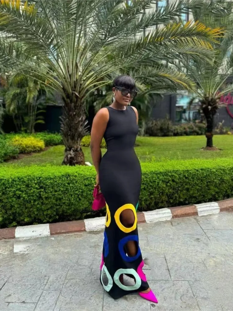 Fashion O-neck Sleeveless Waist Dress For Women Elegant Spring Summer Slim Fit Hollow Positioning Printing Casual Dresses Female