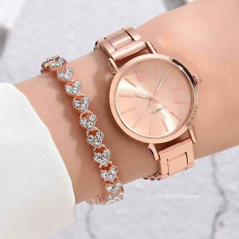 Ladies Fashion Simple Digital Alloy with Quartz Watch Bracelet 2pcs Set Luxury Women Simple Dial Ladies Watches Gift for Mom