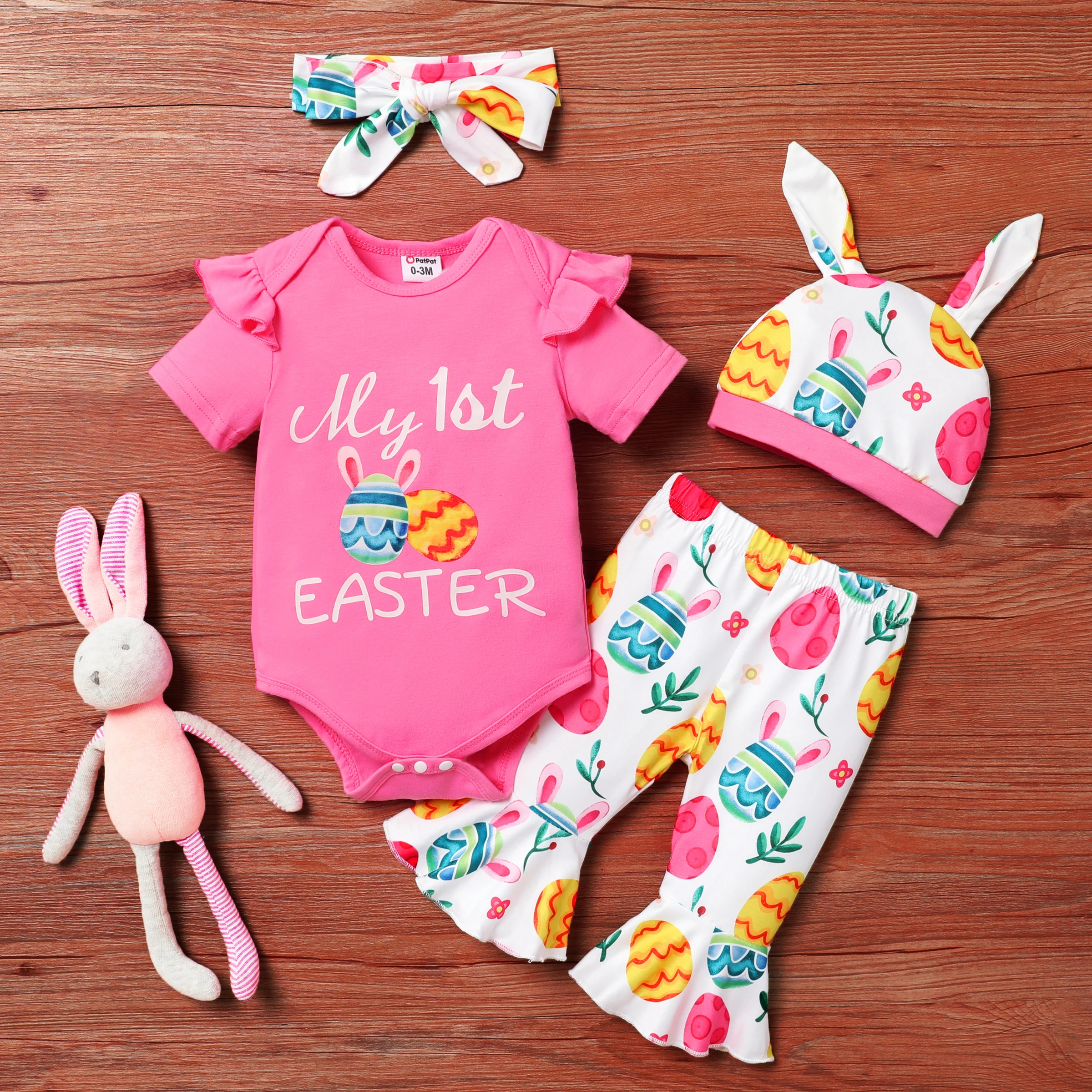 PatPat 4pcs Baby Girl  Easter Set with Alphabet Print Top, Printed Leggings, Hat and Headband