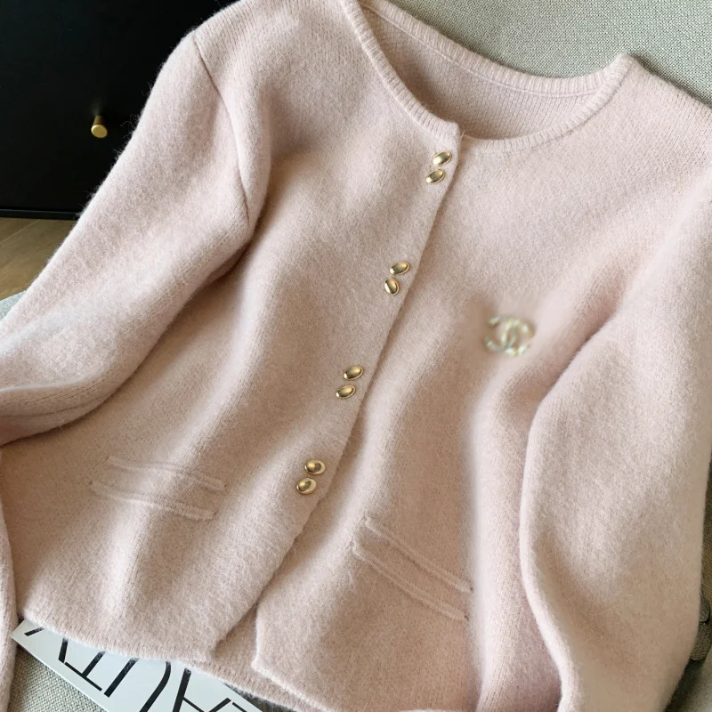 Women Clothing Vintage Knitting Sweater Pink Cardigan Jacket White Long Sleeve Round Neck Fashion 2024 NEW Female Winter Tops