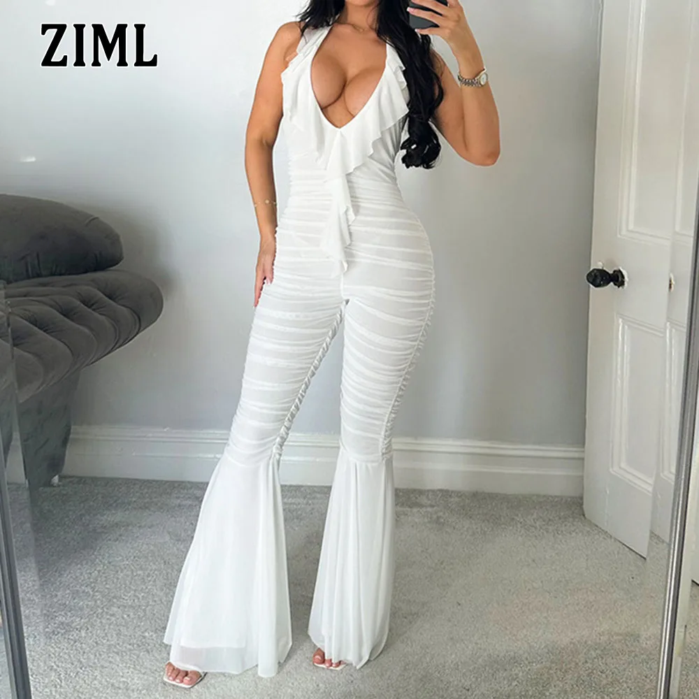 

ZIML Solid Sexy Slimming Fold Spliced Lace Jumpsuits for Women V Necek Sleeveless High Waist Elegant Rompers Female Fashion New