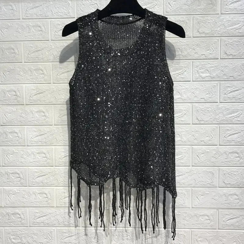 Spring and Summer Bloggers with The Same Style Tassel Sequins Bright Silk Sparkling Knitted Camisole Black Top Women's Fashion