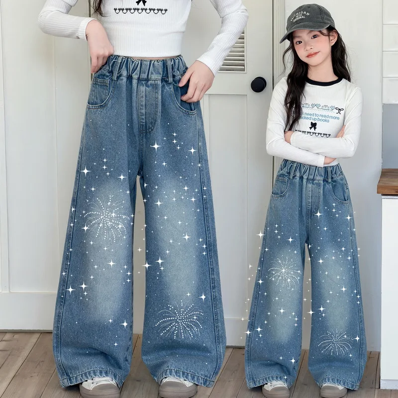 Spring Children Straight Fit Jeans with Glitter Crystals Design Tweens Girl Fashion Trousers Kids School Rhinestone Denim Pants