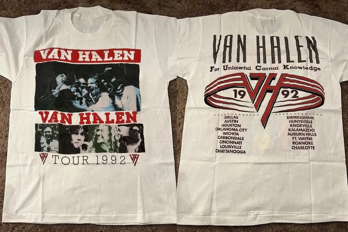 Van Halen Tour1992 para fanáticos Camiseta blanca de algodón pesado Camiseta holgada y transpirable de algodón puro con cuello redondo para hombres y mujeres