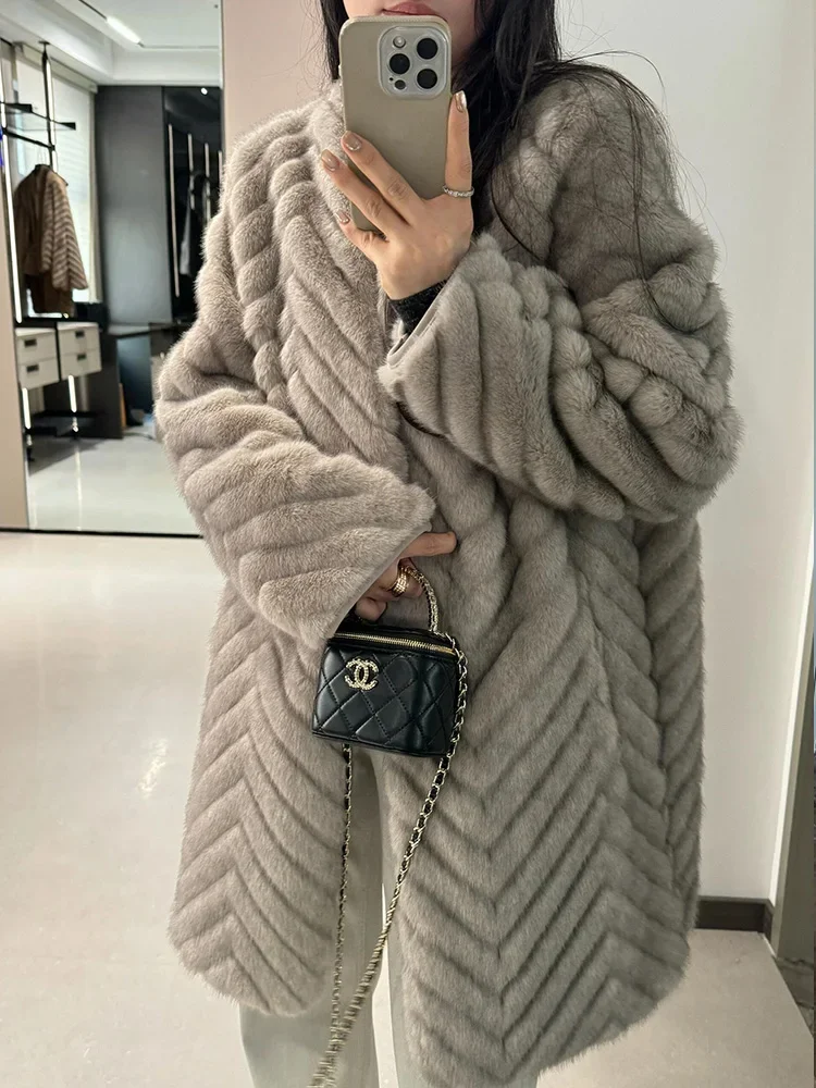 2024ฤดูหนาวใหม่Faux Mink Fur Coat Midiความยาวสไตล์เกาหลีเป็นมิตรกับสิ่งแวดล้อมขนสัตว์One Pieceเสื้อแจ็คเก็ตสตรีPlush Coat Overcoat