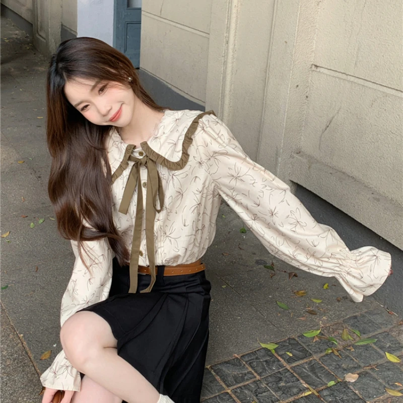 French Vintage Women Shirt Spring New Floral Peter Pan Collar Button Tops Preppy Style Cute Versatile Niche Blouse Female