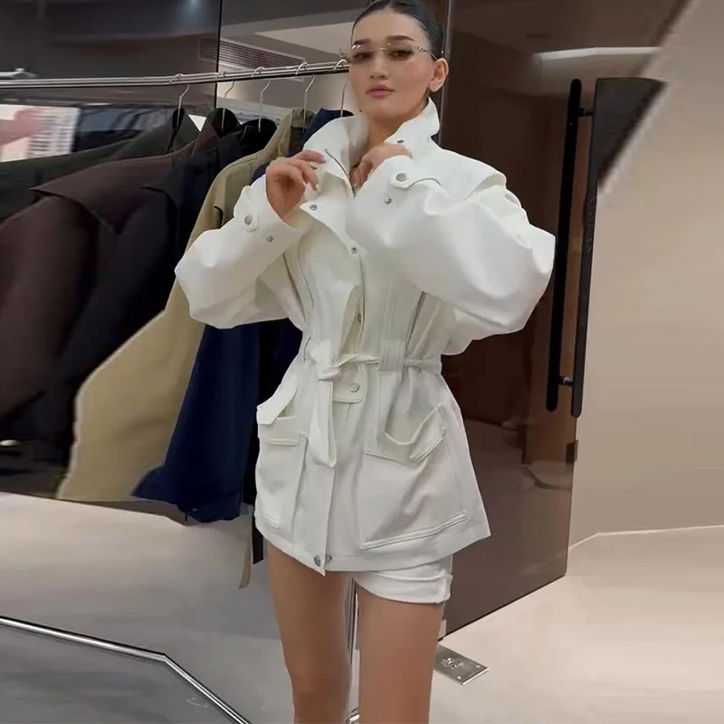 Damen-Windbreaker mit Revers und Schnürung, einreihiger Trenchcoat für Frühling und Herbst, langärmelige, schmale Jacke, neue Oberbekleidung – Detail 7