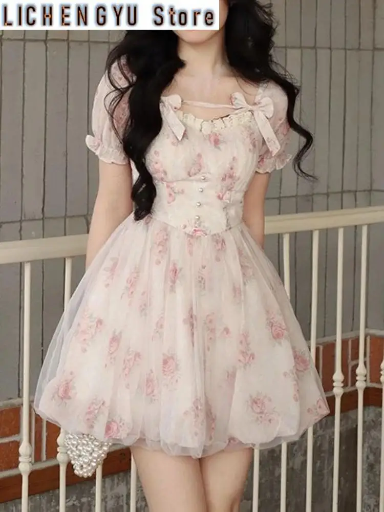 

New Sweet Floral Fairy Mini Dress Summer Kawaii Puff Sleeve Mesh Spliced Birthday Dresses Fashion A-line Vestidos Lady Clothes