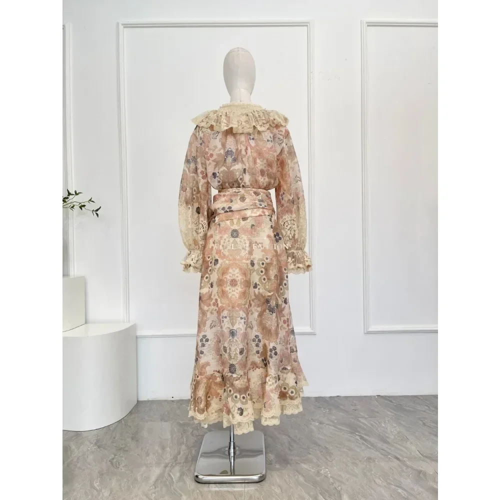 

High Quality Beige Floral Print Lace Long Sleeve V Neck Blouse Tops and Midi Irregular Hem Skirt Set