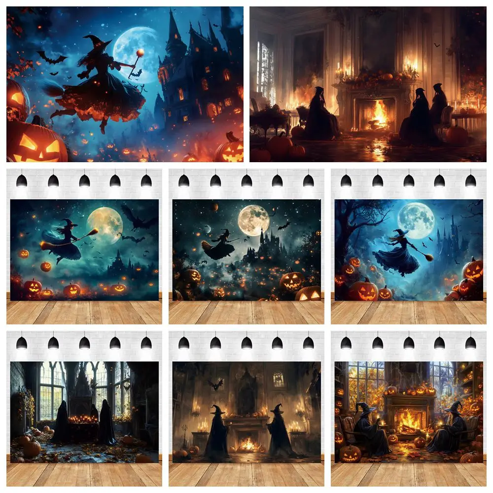 

Halloween Magic Witch Backdrop Forest Vintage Castle Night Party Photography Background Wall Decor Photo Studio Photoshoot Props