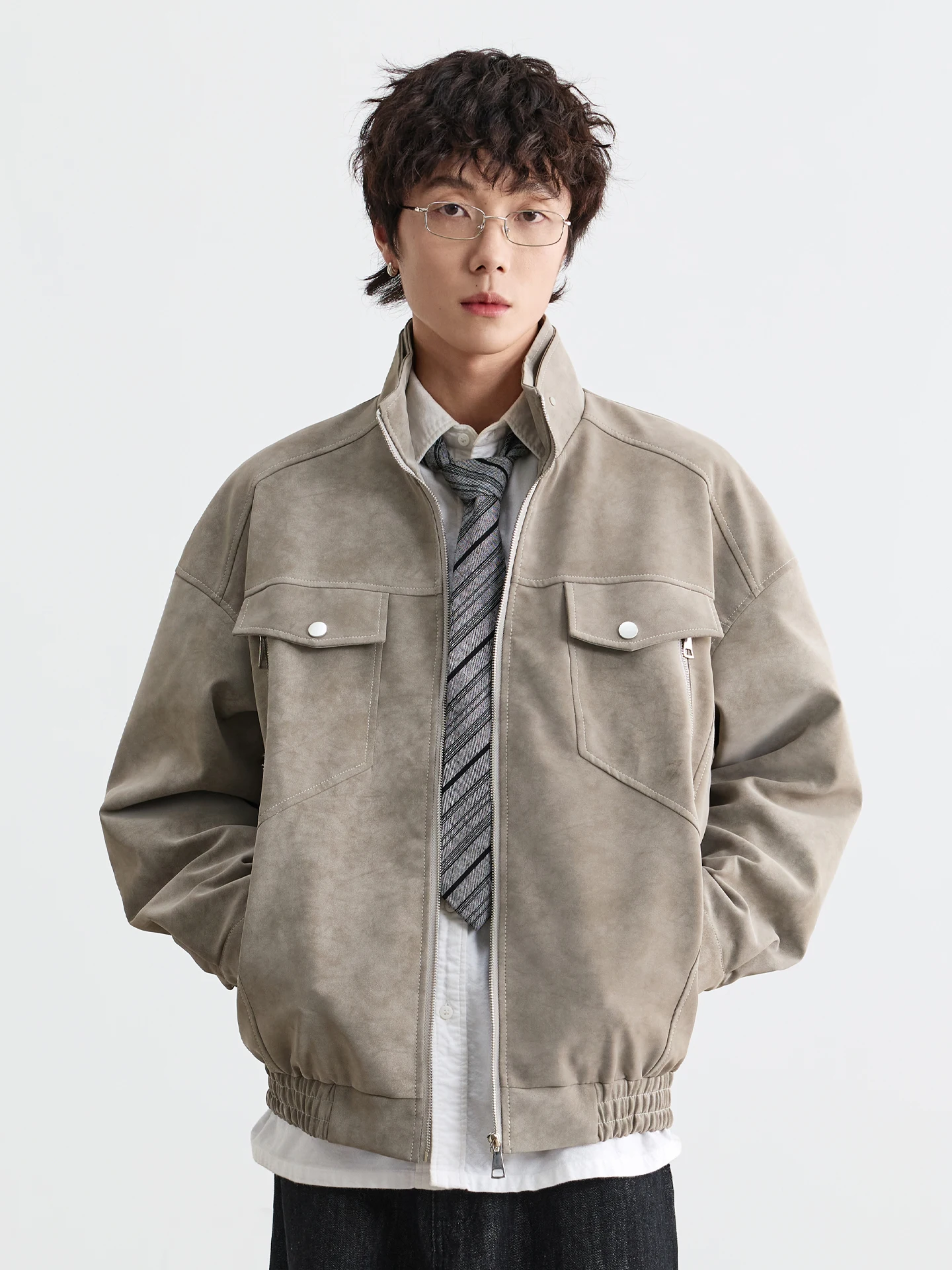 

Мужская замшевая куртка свободного кроя с воротником-стойкой, рабочая верхняя одежда из полиэфирного волокна, длинная молния, модная осенняя...