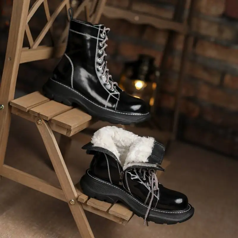 Krazing Pot Wool Cow Leather Round Toe Med Heels Snow Boots Cold-resistant Fur Deign Brand Retro Fashion Lace-up Ankle Boots image 2