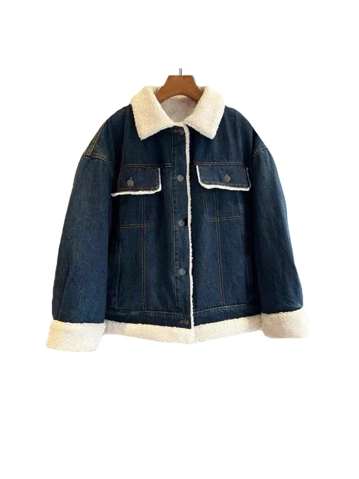 

Lambswool jacket lapel short denim fabric loose fit single-breasted design warm and comfortable 2023 winter new 1223