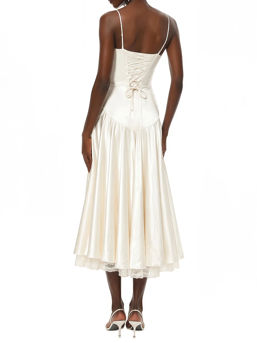 TWOTWINSTYLE Solid Spliced Lace Slimming Slip Dress for Women Square Neck Sleeveless Patchwork Folds Dresses Female Fashion New