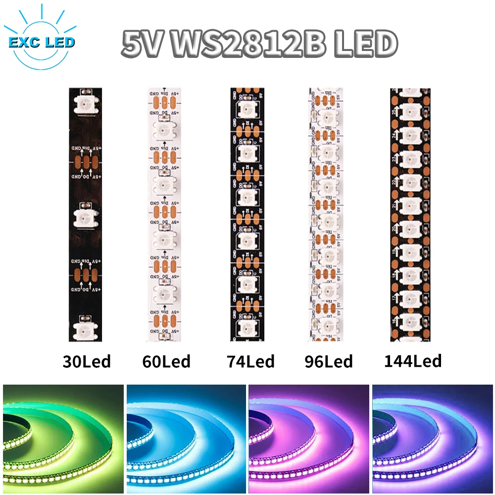 WS2812B WS2812 RGB Led Strip Light Addressable Smart Individually Pixel LED Strip Tape Rope 30/60/74/96/144Pixel/Leds/M DC5V