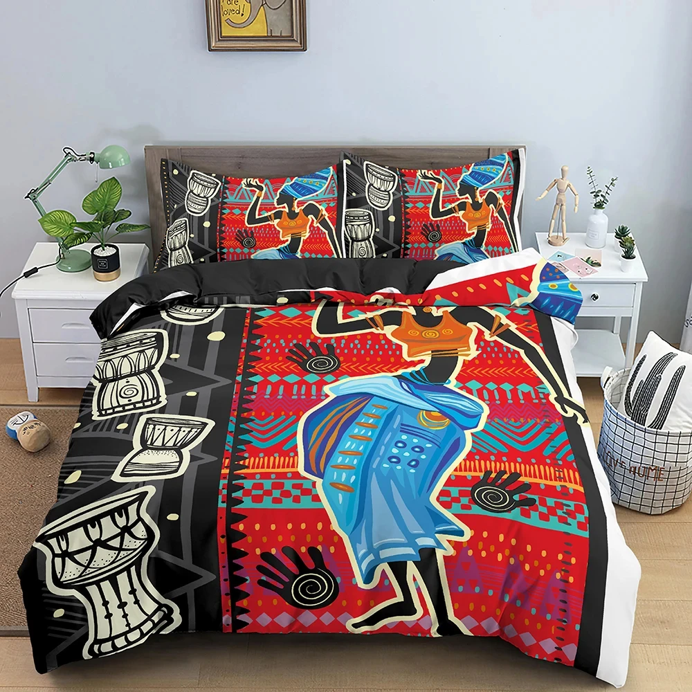 African Ethnic Bedding Set Orange Bohemian Style Duvet Cover King Queen Vintage Woman Polyester Comforter Cover For Teens Adults