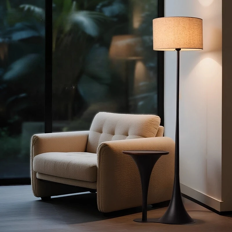 French Black Wrought Iron Wooden Table LED Floor Lamp Linen Fabric Lampshade Living Room Bedroom Restaurant Study Standing Light