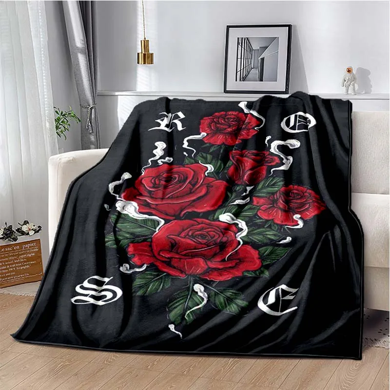 

Red Rose Flower Print Fashion Flannel Warm Soft Blanket Skull Rose Personalized Blanket Living Room Bedroom Sofa Blanket Gift