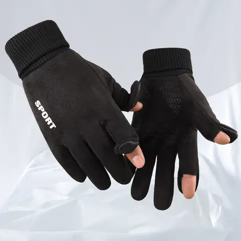 Faux Suede Gloves Winter Men Soft Cycling Anti-Slip Gloves Hiking Driving Windproof Delivery Flip-Tops Ribbed Cuff Gloves