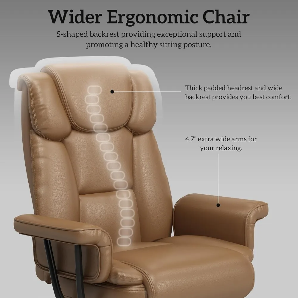 large 160° reclining office chair with wheels, high back, wide seat, armrests, footrest, brown