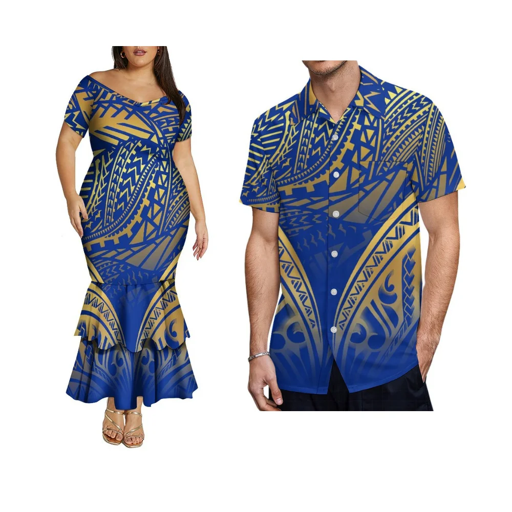 Zomer Paar Outfits V-hals Uit De Schouder Dames Dubbellaags Fishtail Rok Polynesische Aangepaste Shirt Patroon