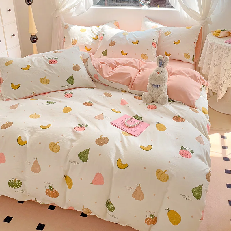 Kawaii الفاكهة اليقطين غطاء لحاف الملكة لعيد الشكر الكرتون طقم سرير-1 غطاء لحاف + 1 ورقة جاهزة + 2 كيس وسادة