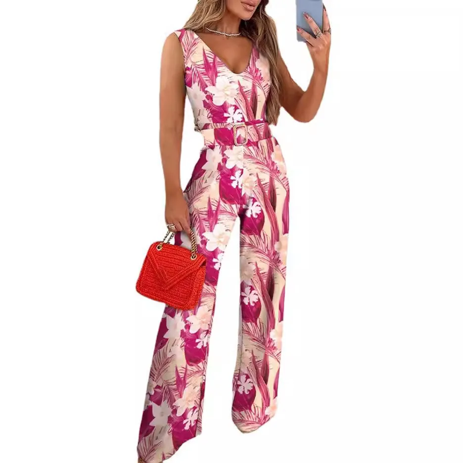 ผู้หญิงฤดูใบไม้ผลิฤดูร้อนJumpsuitพิมพ์สีแขนกุดVคอกางเกงขากว้างเอวสูงสบายๆแฟชั่นสบายปกติFit