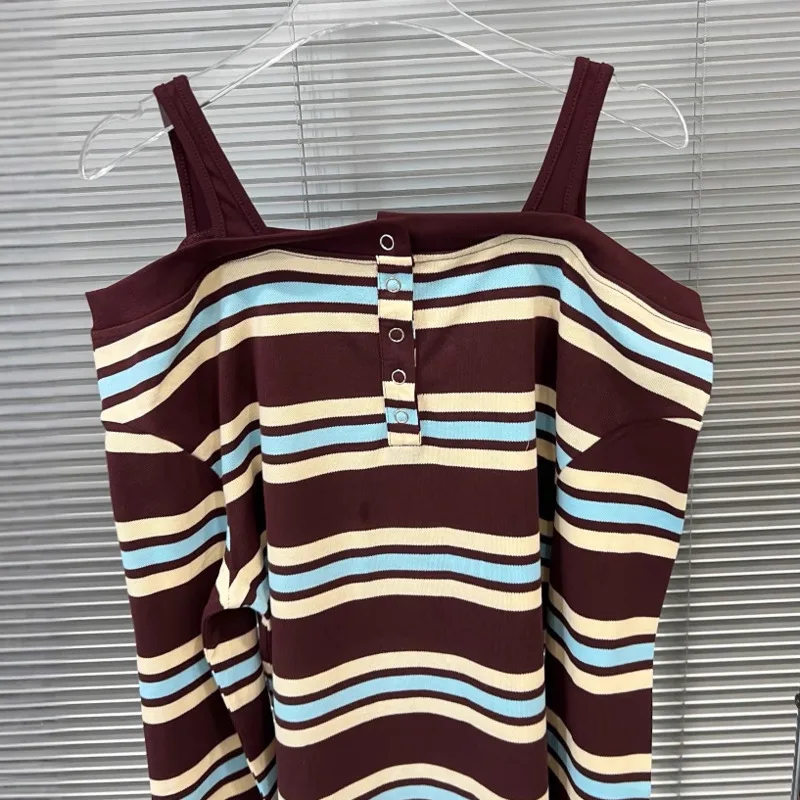 HKSH T-shirt per donna Color Block a righe con spalle scoperte a maniche lunghe dimagrante elegante High Street Sweet Cool Casual Top HK10743