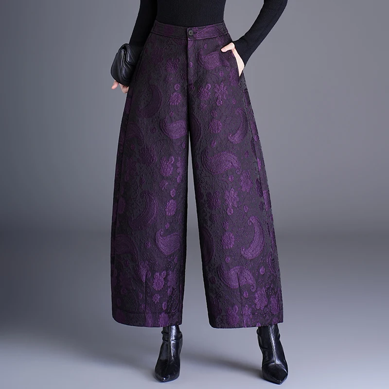 Fashionable Embossed Floral Wide Leg Pants Women's Autumn Winter New Style Casual Nine Points Flower Bud Pants Chinese Style