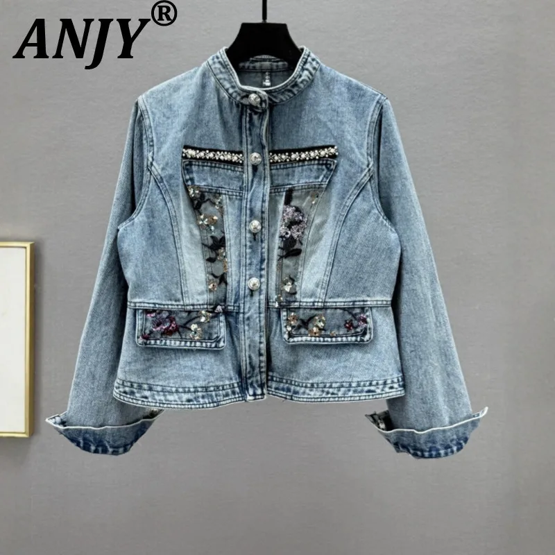 

ANJY, осенняя новая женская модная джинсовая короткая куртка, европейская уличная одежда, облегающее универсальное модное пальто с тяжелыми бисером и пайетками A14669