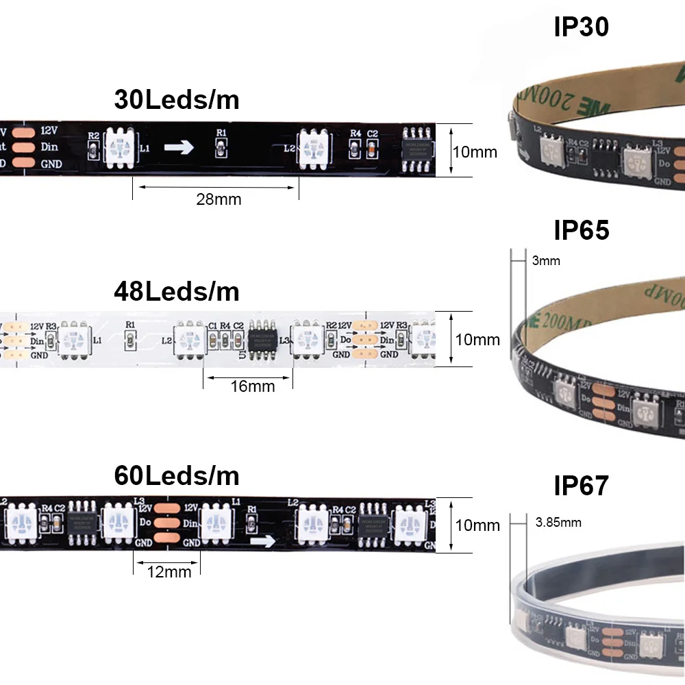 Bande lumineuse LED RGB, 30, 48, 60 gibles, 5050 SMD, adressable, externe, 1 contrôle IC, 3 LED, bande LED numérique, 12V, WS2811, clôture lumineuse