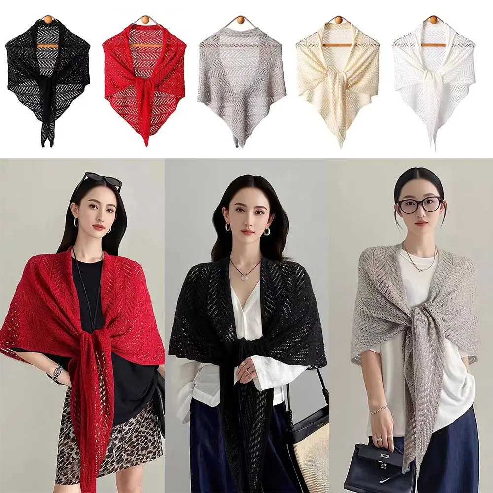 

Fashion Hollow Out Knitting Cotton Shawl Solid Color Sun Protection Poncho Ladies Wrap Cloak Elegant Tassels Scarf