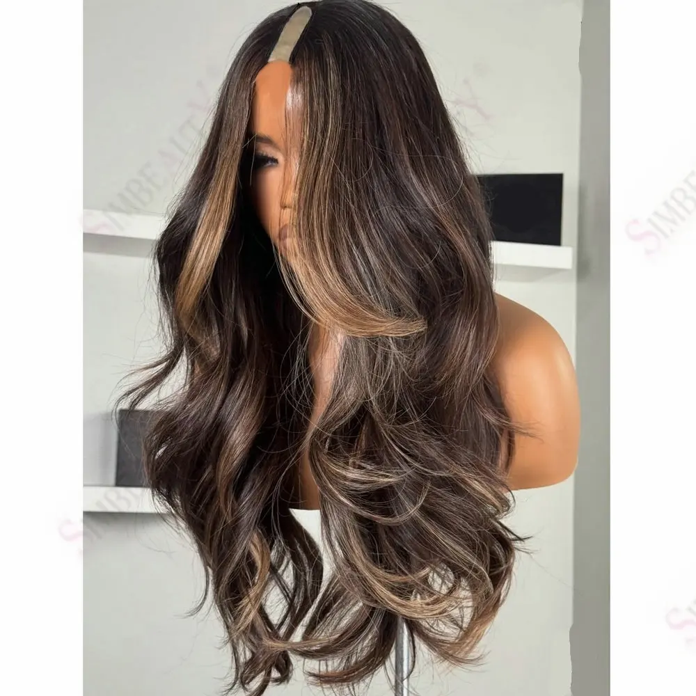 Highlights Honigblond 1X4 Größe U/V-Teilperücken Unverarbeitetes Echthaar Lange Lose Wellenförmige Klebefreie Vollmaschinell Gefertigte Perücke für Schwarze Frauen – Detail 2