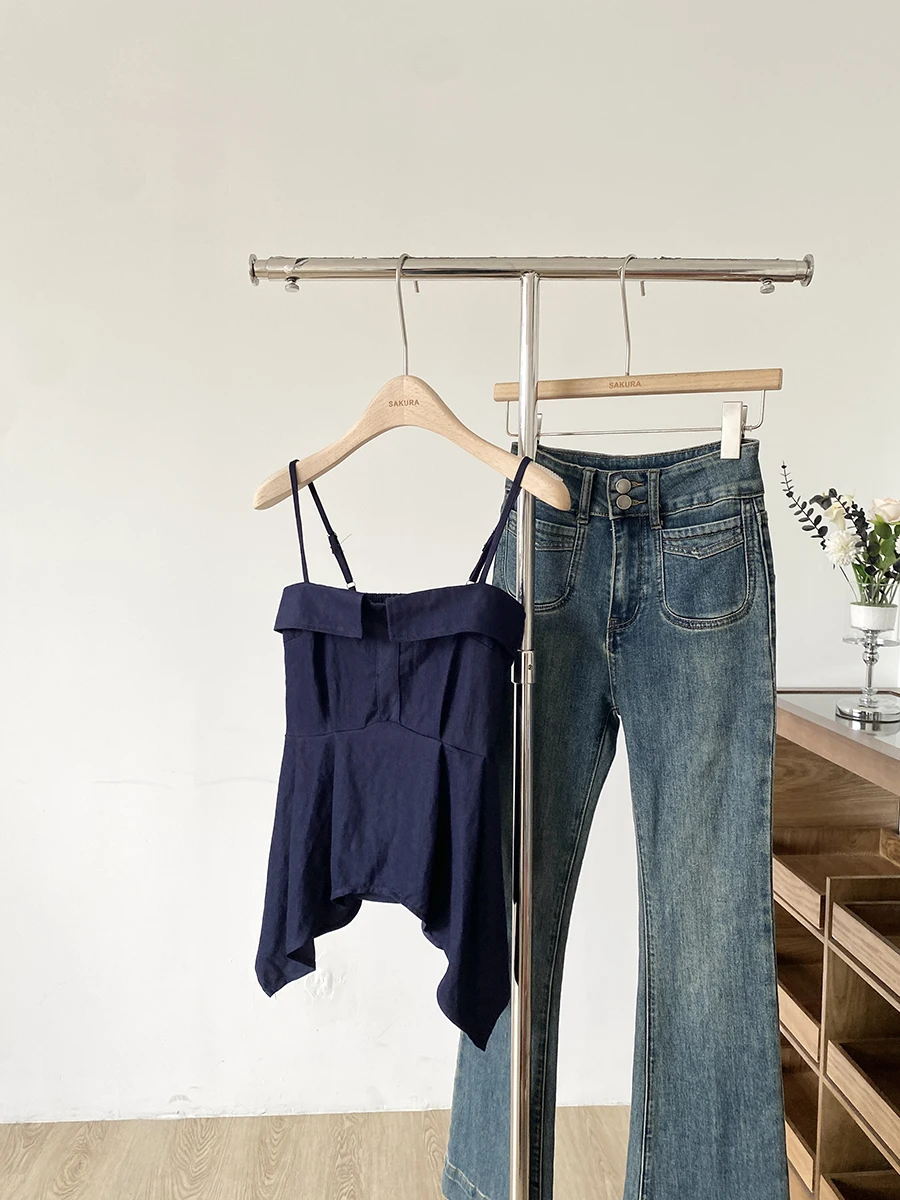 

Summer New Design Slimming Irregular Waistline Strap Vest Deep Blue Skirt Hem Top Women's Busin Casual Faion Polyester