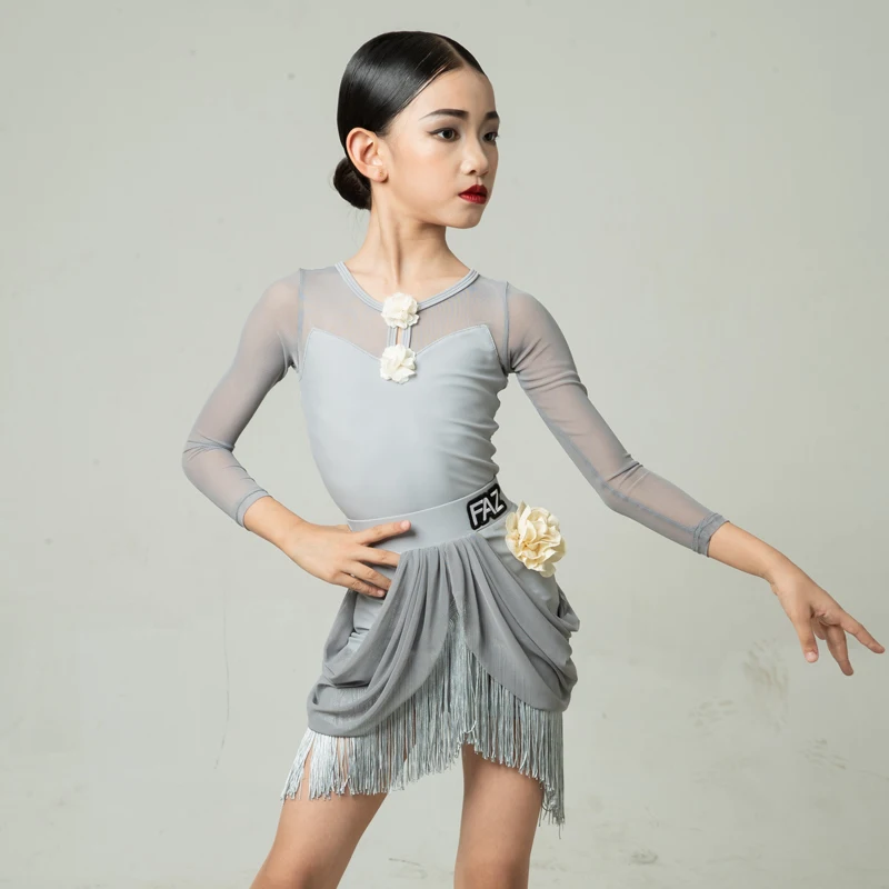 Roupas de treinamento de dança latina infantil, roupas de dança com borla de alta qualidade para crianças, roupas de desempenho de prática