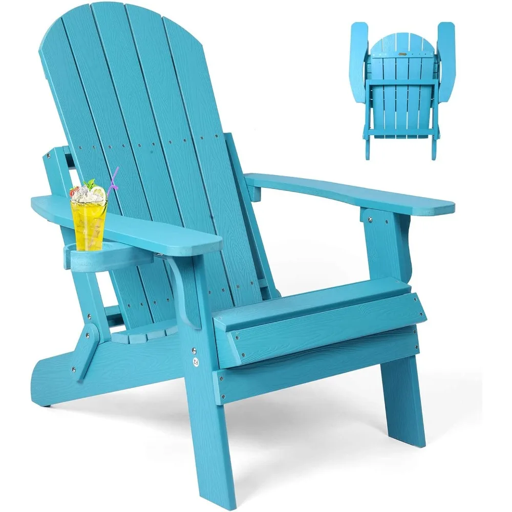 Folding Adirondack Chair, All Weather Resistant Plastic Chairs with Cup Holder, Fold or Unfold Easily in 1 Second, Outdoor Chair