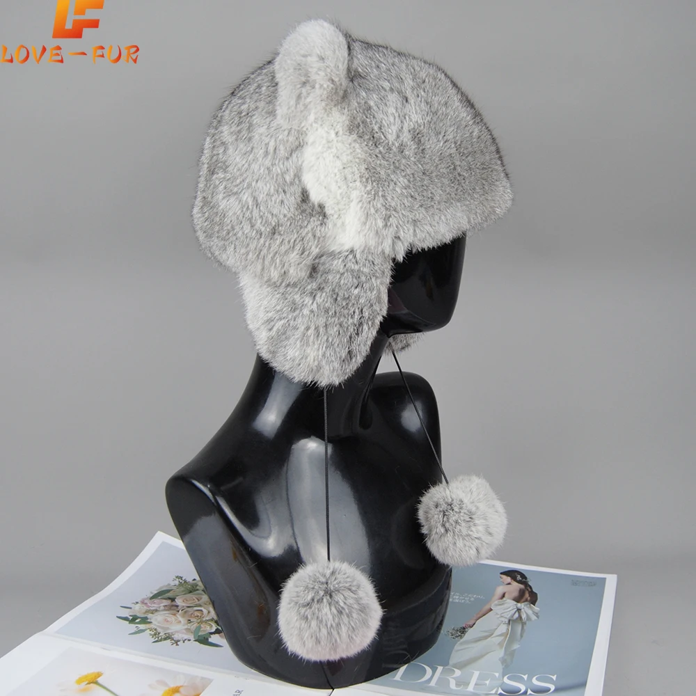 

2025 New style Winter Real Rabbit Fur Skullies Pom Pom Cap Hot Sale Real Rabbit Fur Hat For Women Natural Warm Rabbit Fur Caps