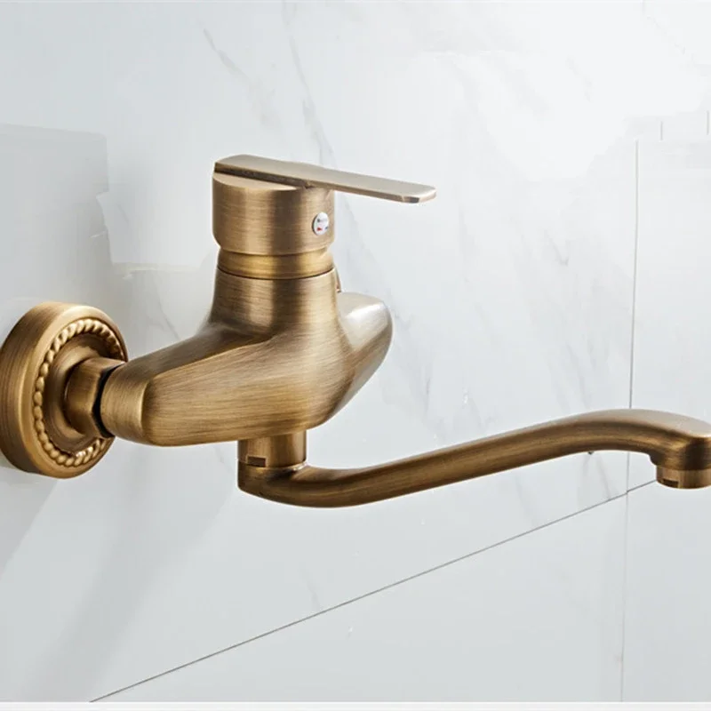 

Basin Faucet Bathroom Antique Brass Sink Faucets Wall Mounted Water Taps Single Handle 360 Swivel Spout Mixer Sink Tap Hot Cold