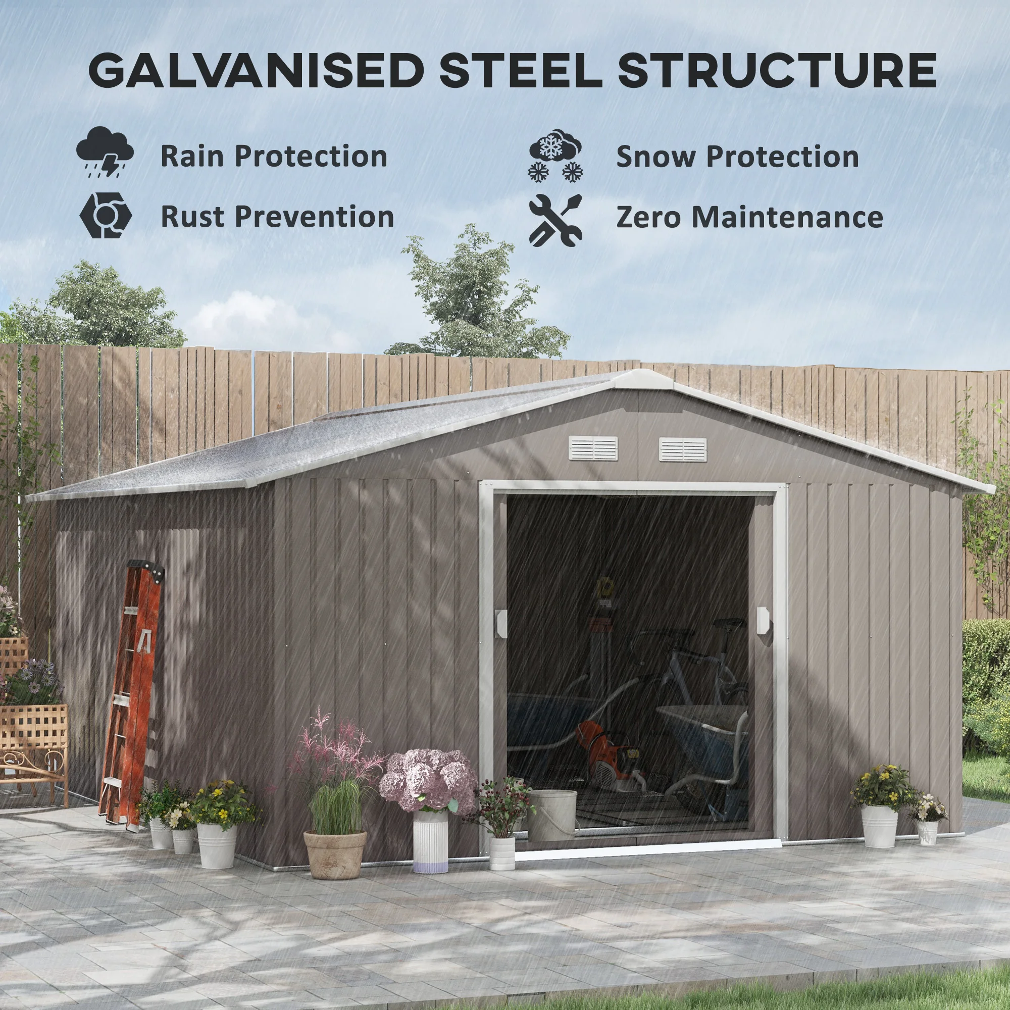13\' X 11\' Steel Outdoor Utility Storage Tool Shed Kit for Backyard Garden, Grey