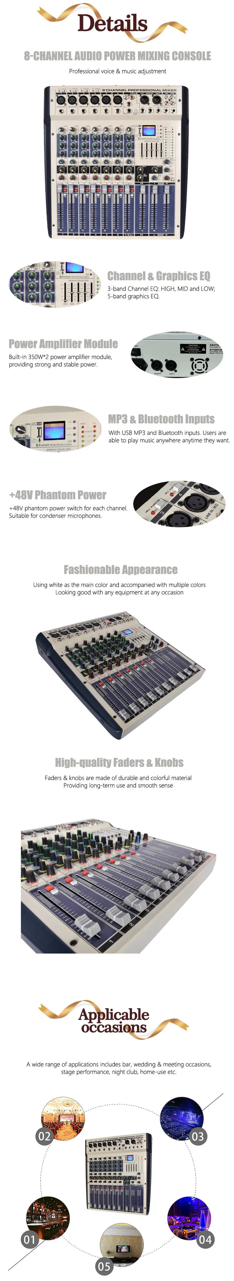 Professional 8-channel power mixer audio 350W*2 with USB inputs