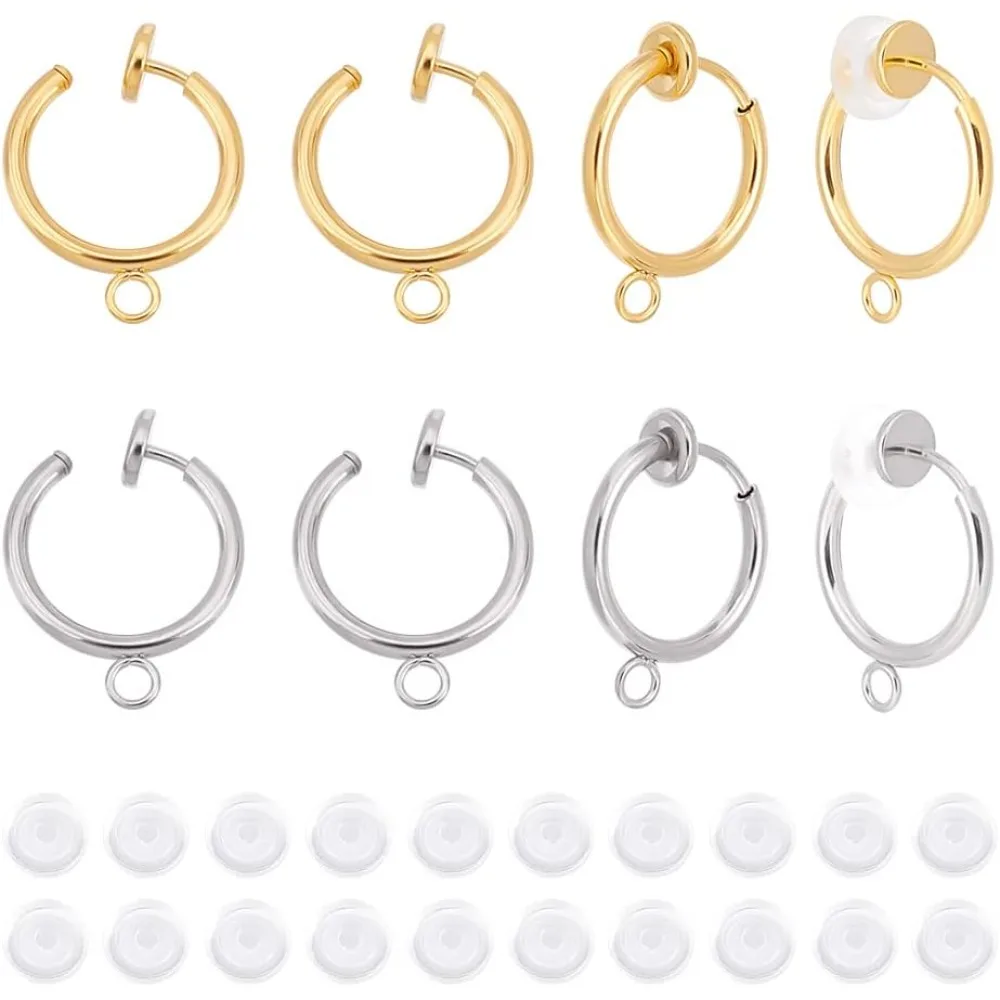 

20Pcs 2 Colors 304 Stainless Steel Clip-on Earring Findings with Horizontal Loops and 20Pcs Comfort Silicone Pads Hoop kit