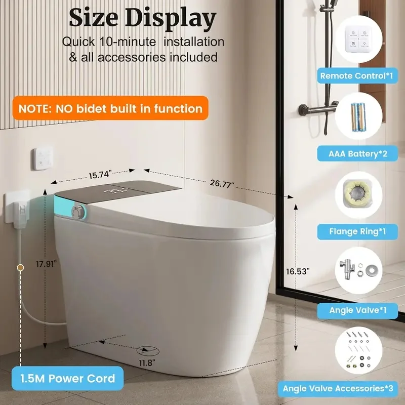 Smart Toilet with Elongated Heated Seat, Auto Flush, Manual Soft-Close Seat & Lid, Night Light, Electric Tankless,Customized